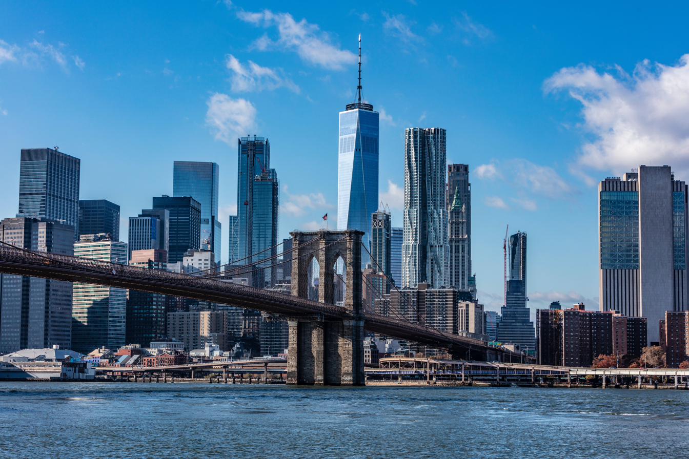 New York City skyline with Brooklyn Bridge and One World Trade Center